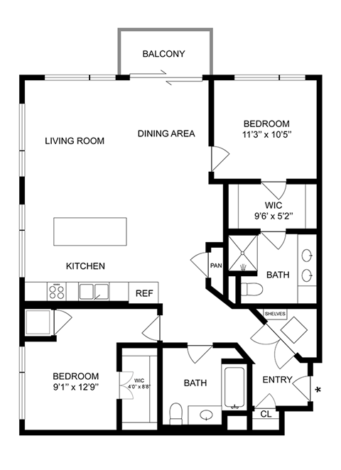 Floor plan for 2 beds, 2 baths, 1239 sqft